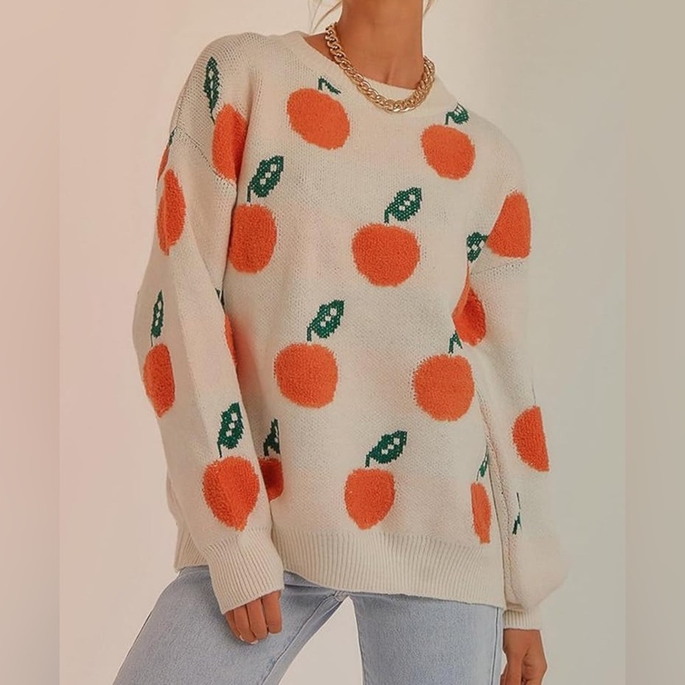 ORANGE Cider FRUIT, Cream Ribbed Knit Crewneck Sweater COTTAGECORE WOMAN SIZE L